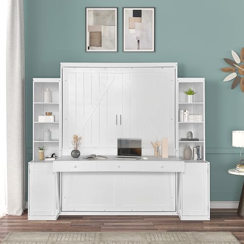 Queen Size Murphy Bed with Desk & Charging Station,Wall Bed Frame Folding into Cabinet Design w/LED & Storage Shelf for Small Space,Bedroom