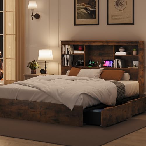 GarveeHome Full Size Bed Frame with High Storage Bookcase Headboard, Wood Bed Frame with 4 Storage Drawers, Built in Charging Station