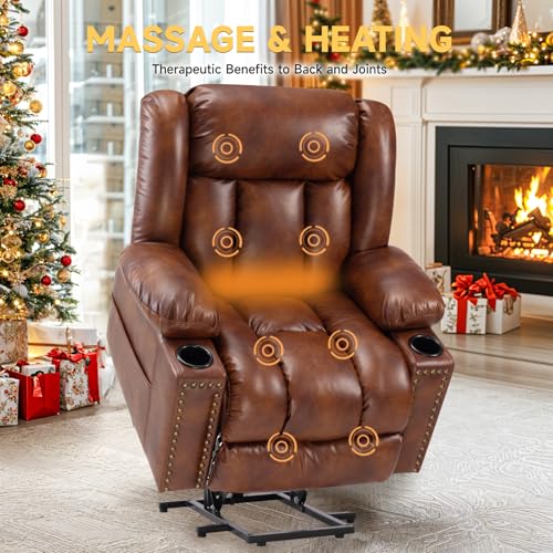 Large Power Lift Chairs Recliners for Elderly with Heated and Massage, Overstuffed Adjustable Lift Chairs, 3 Positions, Breathable Leather