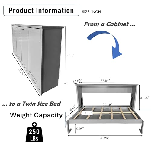 DNYN Queen Size Murphy Bed with Storage Drawer(Large) & Charging Station for Bedroom,Convertible Pinewood Wall Bedframe w/Stylish Cabinet Design