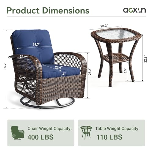 Aoxun 3 Pieces Patio Furniture Set, Patio Swivel Rocker Chairs Set of 2, Wicker Outdoor Bistro Set with Rocking Chair