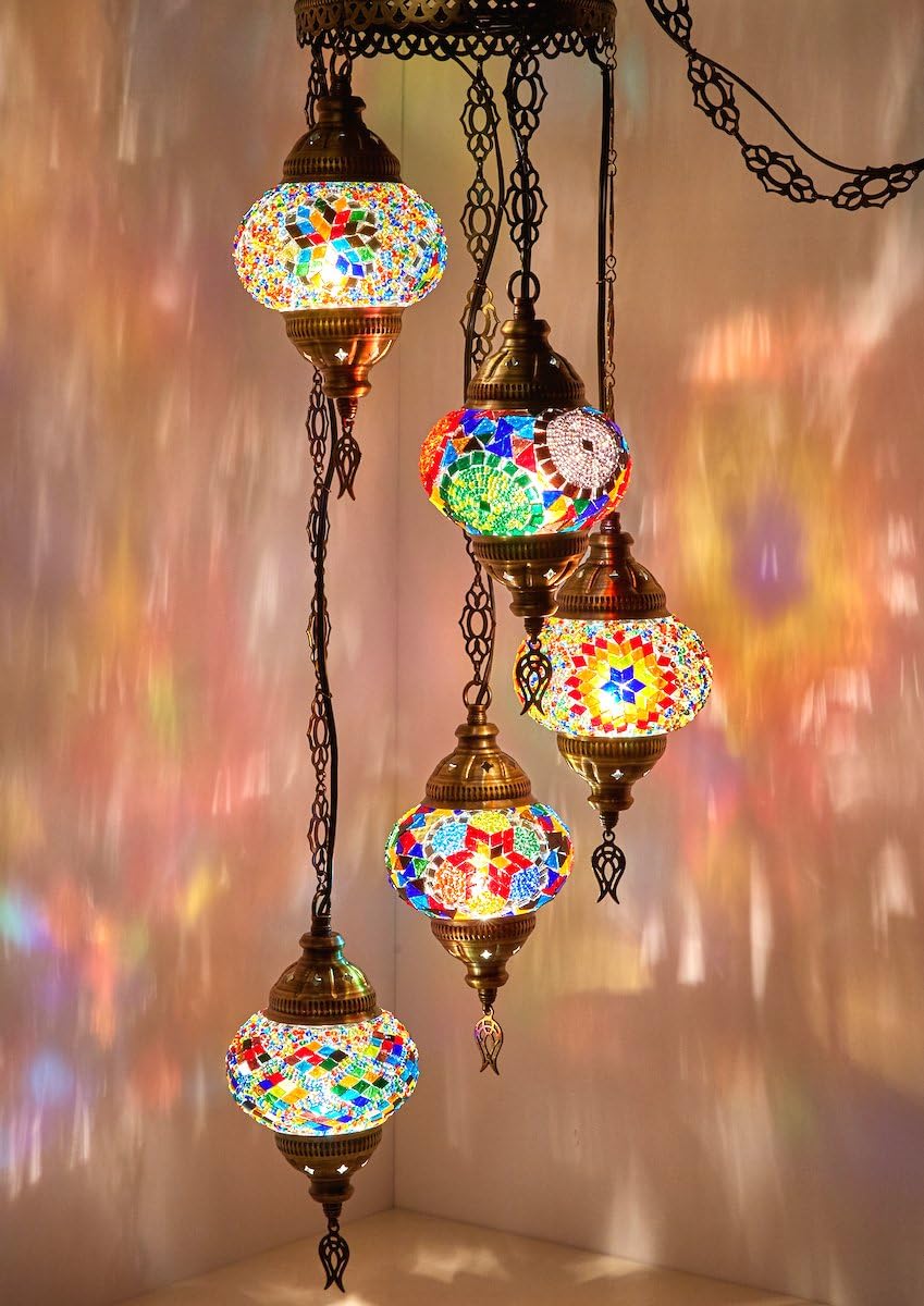 DEMMEX PLUGIN 5 Globes Chandelier Light Turkish Moroccan Mosaic Ceiling Hanging Pendant Light Fixture Chandelier Lighting (PlugIn with 15feet Cord