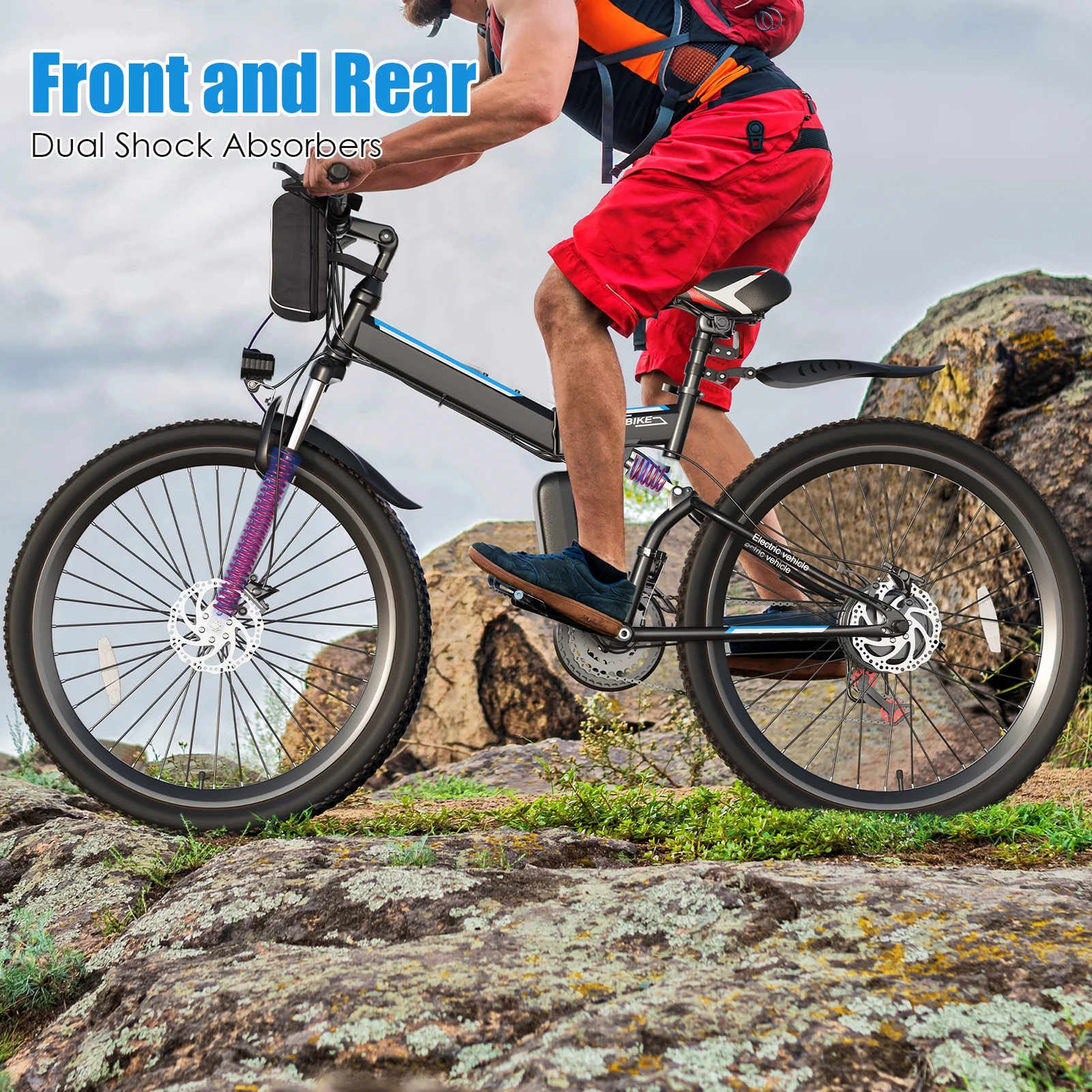 Elifine 26 In. Folding Electric Bike for Adults, 500W Electric Mountain Bike, 21 Speed, Full Suspension