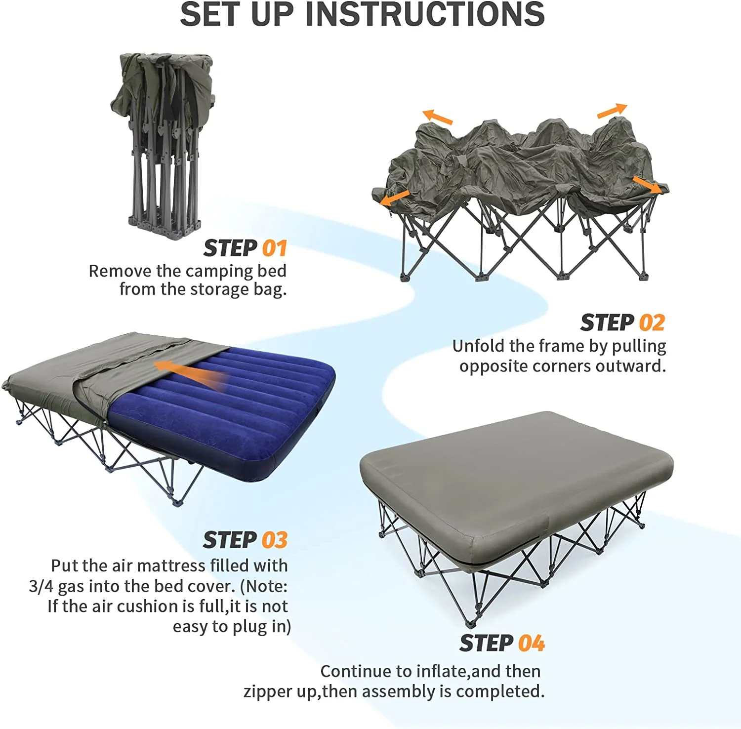 QCAI 2 Person Camping Cot,Folding Camping Bed with Inflatable Air Mattress and Carry Bag,for Outdoor Travel Camp Beach Vacation