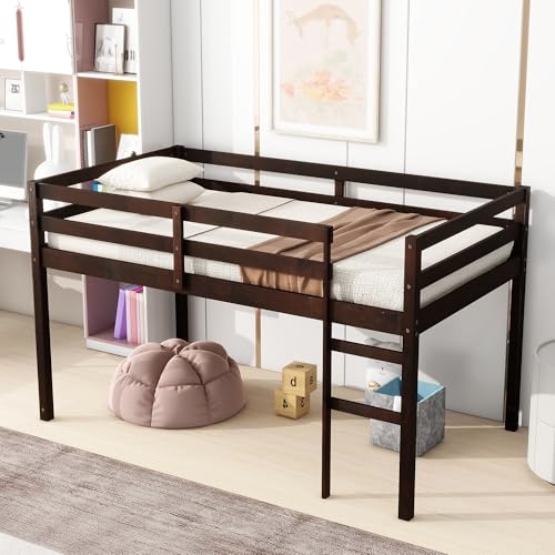 Low Loft Bed Twin Size, Kids Solid Wood Modern Loft Bed Frame with Ladder and Safety Guardrail for Girls Boys, Noise-Free,Non-Toxic Finishes