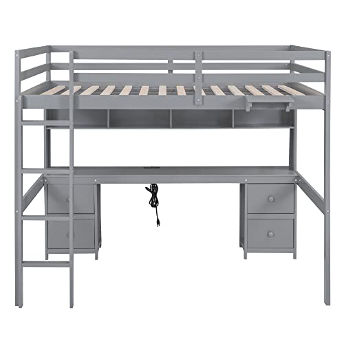 Full Size Loft Bed with L-Shaped Desk, Wardrobe and Storage Shelves, Solid Wood Bedframe w/Safety Guardrails & Ladder for Kids Teens Adults