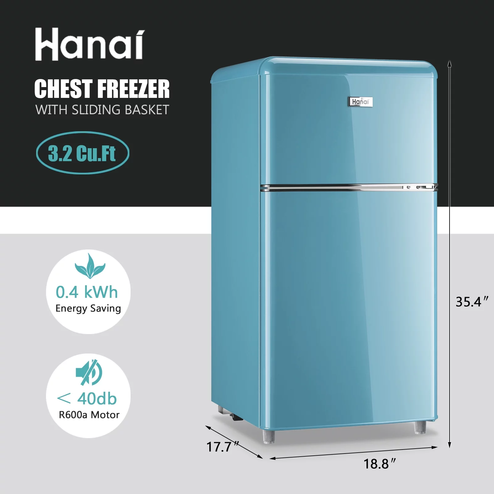 Compact Refrigerator Mini Fridge with Freezer, 3.2 Cubic Feet Retro Dual Door Small Refrigerator by WANAI with 7 Temp Modes, LED Lights