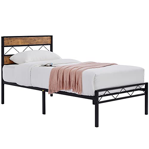 VECELO Queen Metal Platform Bed Frame with Rustic Vintage Wooden Headboard, Heavy Duty 14 Metal Slats Support