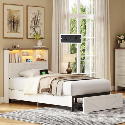 Twin Bed Frame with Bookshelf, Bookcase High Headboard with Charging Station and LED Light, Farmhouse Bed with Storage Drawers, No Box Spring Needed