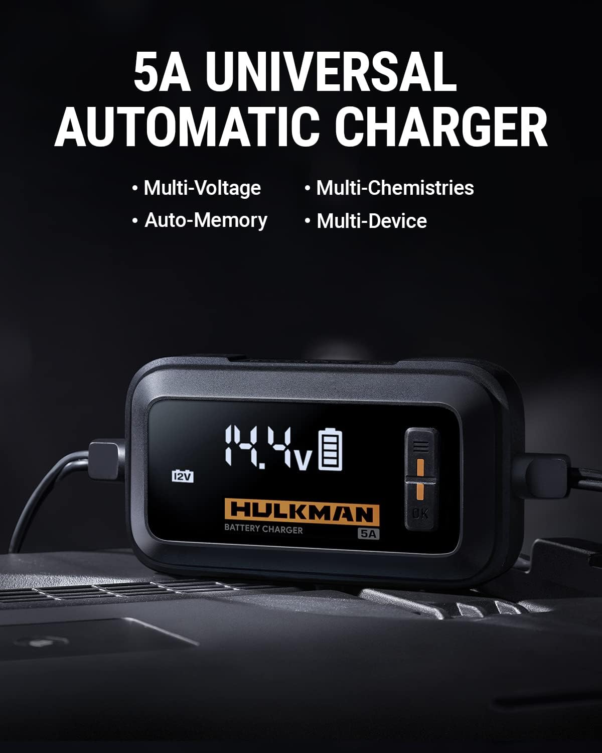HULKMAN Sigma 5 Amp All-Around AI Car Battery Charger and Maintainer for 6V/12V Battery with LED Screen Trickle Charger and Desulfator for Lead-Acid