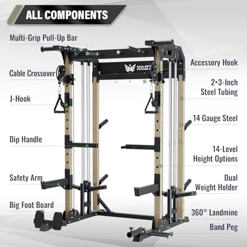 MAJOR FITNESS F22 Multi-Functional Power Rack—1600lbs Capacity All-in-One Squat Rack with Dual Pulley System for Home Gym Strength Training