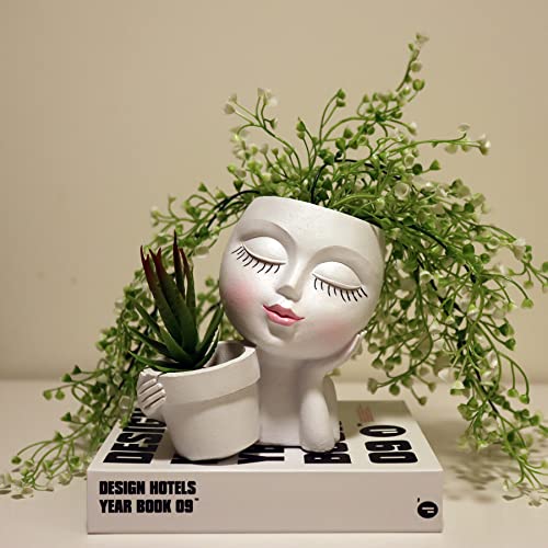 Head Planter Face Flower Pot, Dolkgy Woman Face Planter Unique White Head Planters for Indoor Outdoor Plants