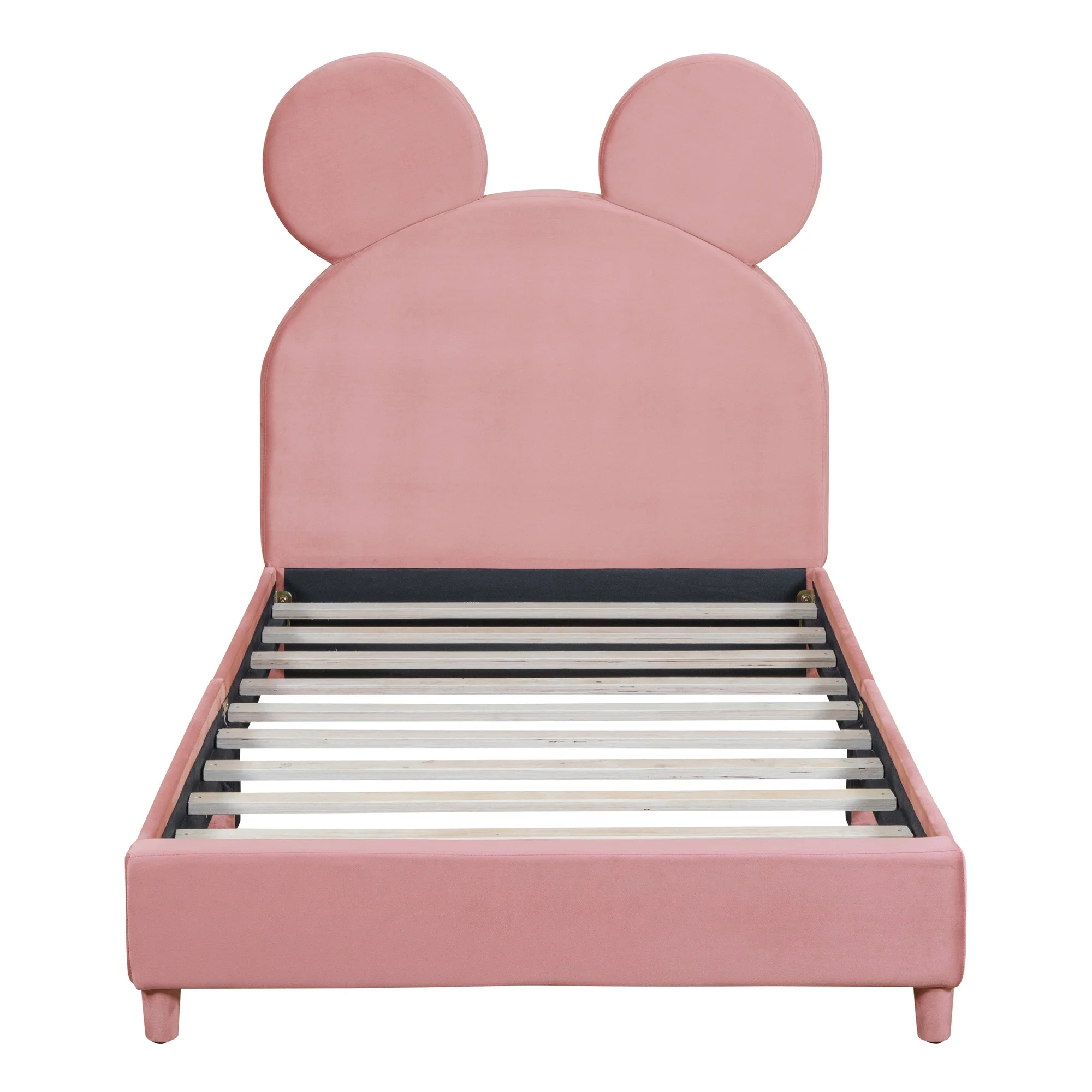uhomepro Upholstered Twin Size Bed Frame, Platform Bed Frame with Upholstered Bear Ear Shaped Headboard, Wood Slat Support, No Box Spring Needed, Pink