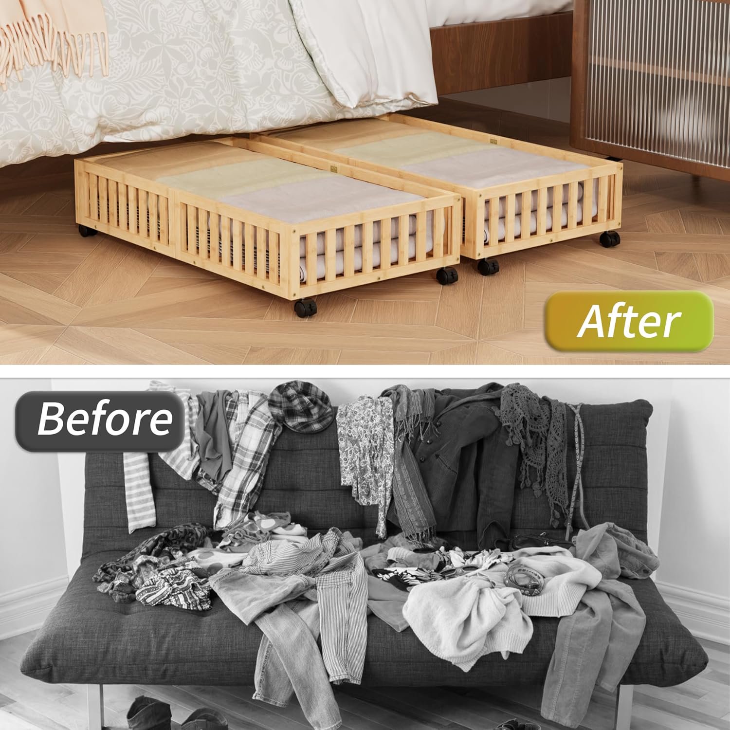 Bamboo Under Bed Storage with Wheels (2-Pack) – Rolling Underbed Shoe Organizer Box for Shoes, Blankets, Toys