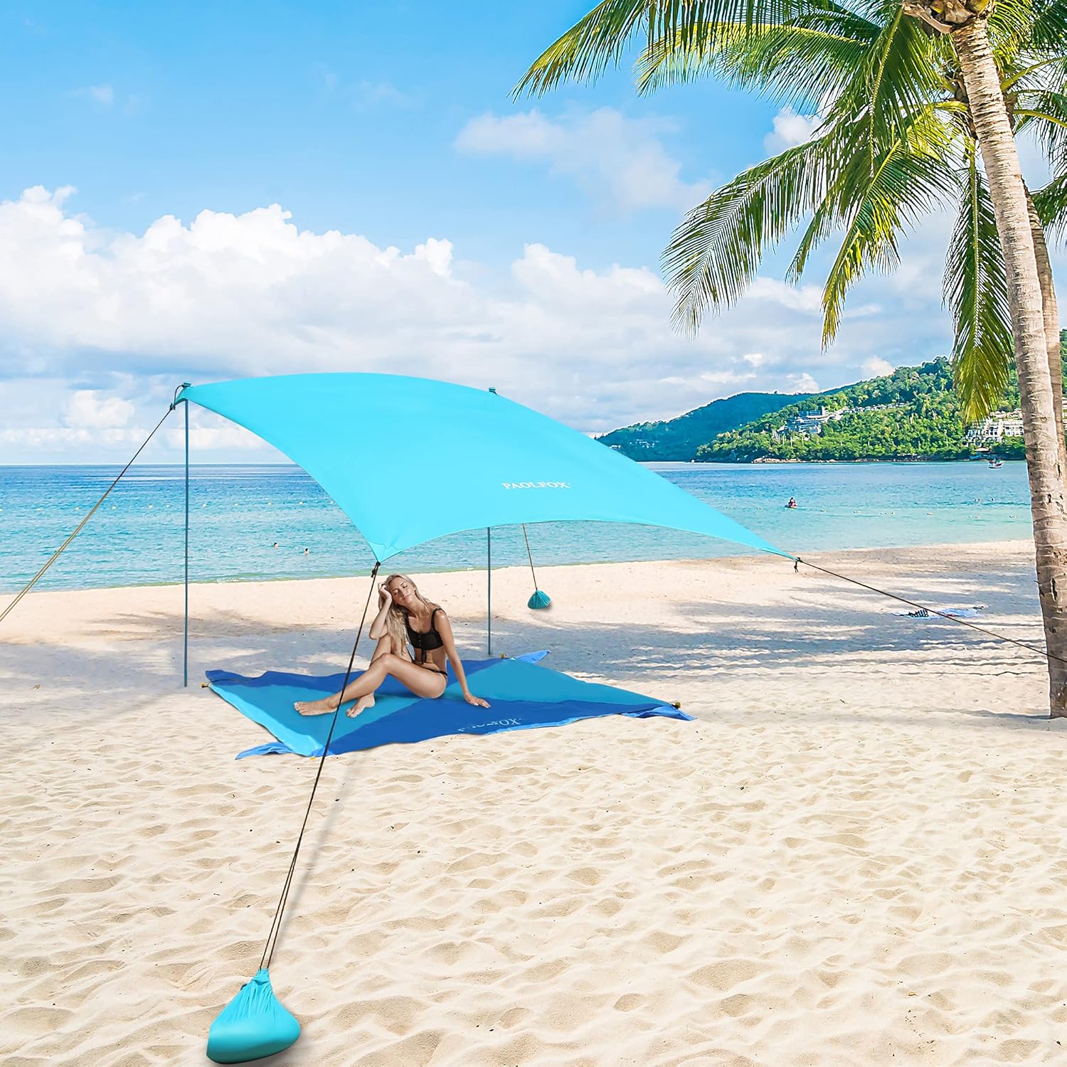 Pop Up Beach Tent Sun Shelter, Outdoor Shade Canopy with Sandbags, UPF50+ Portable Beach Tents Sun Shelter with 2 Aluminum Poles (Azure 4 Poles)