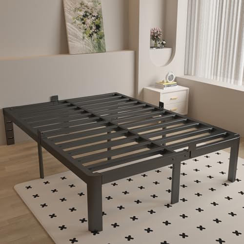 Full Size Bed Frame 16 Inch Black, Metal Platform Full Bed Frame with Baffles, No Box Spring Needed, Heavy Duty Steel Supprt, Rounded Corner Design