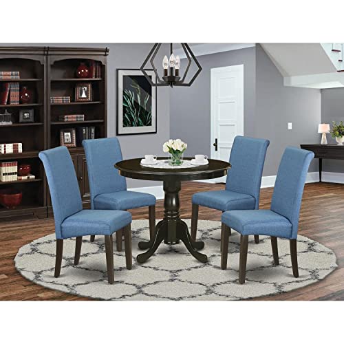 East West Furniture ANBA3-OAK-02 3 Piece Kitchen Set Contains a Round Dining Room Table with Pedestal and 2 Light Beige Linen Fabric Parson Chairs