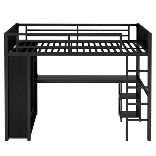 Queen Size Modern Metal Loft Bed with Wardrobe and L-Shaped Desk,Storage Cubes and Shelves,for Kids Teens Adults Bedroom Use (Black#h, Queen)
