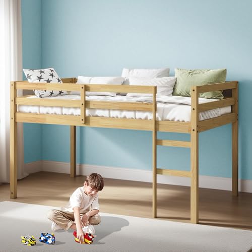 Low Loft Bed Twin Size, Kids Solid Wood Modern Loft Bed Frame with Ladder and Safety Guardrail for Girls Boys, Noise-Free,Non-Toxic Finishes