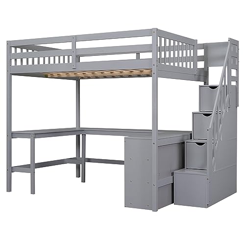 Full Size Loft Bed with Desk & Wardrobe, Solid Wood Kids Loft Bedframe w/3 Storage Drawers & 2 Shelves, Maximum Space Design, for Bedroom, Dorm, Gray