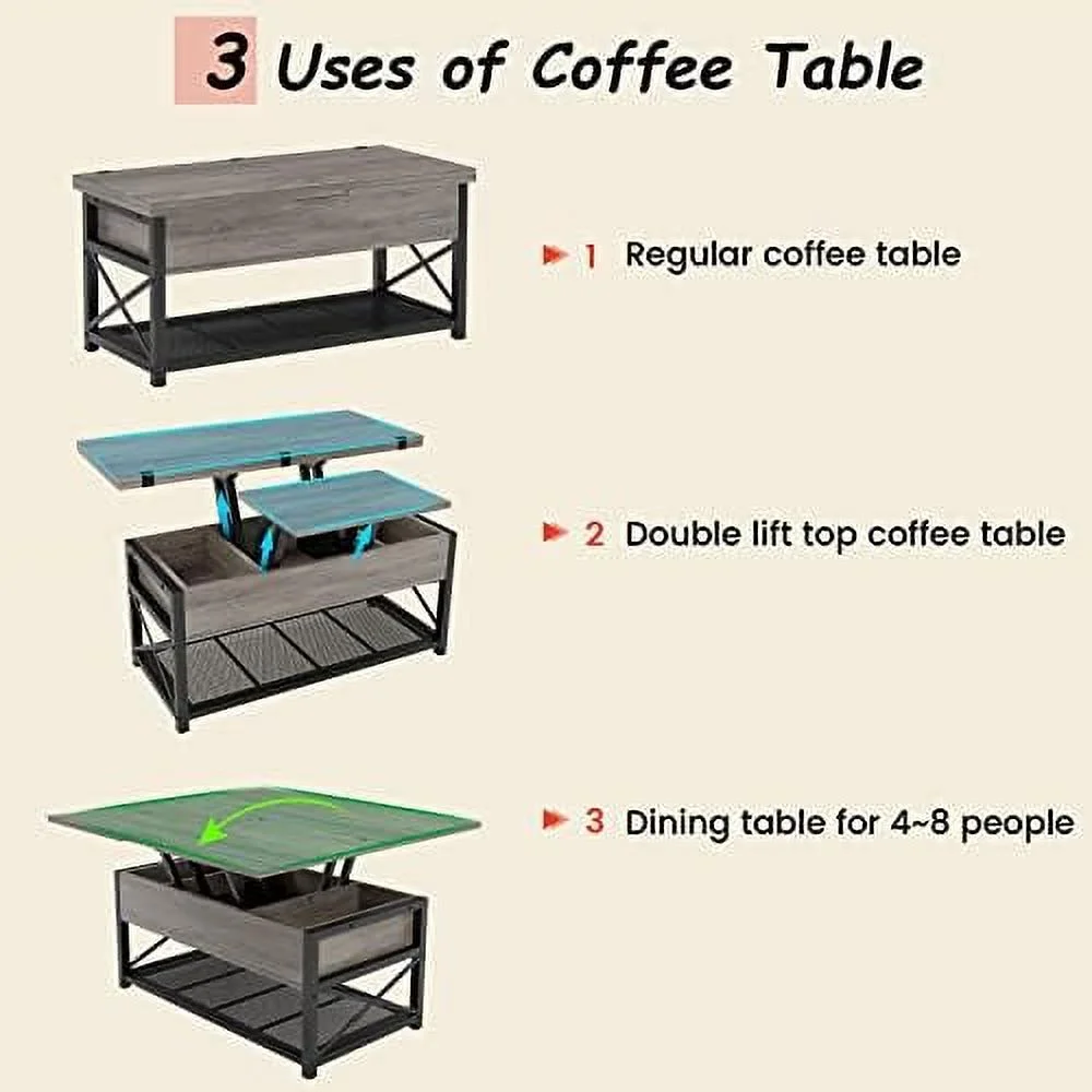 43" Lift Top Coffee Table  3 in 1 Multi- Small Coffee Table with  for Living Room  Dining Reception Room  Grey