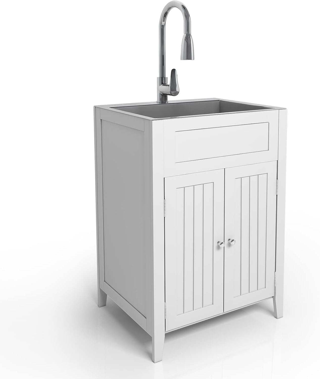 VINGLI 24-Inch Laundry Sink with Cabinet Stainless Steel Sink Faucet White Cabinet Combo for Laundry Room, Bathroom and Kitchen