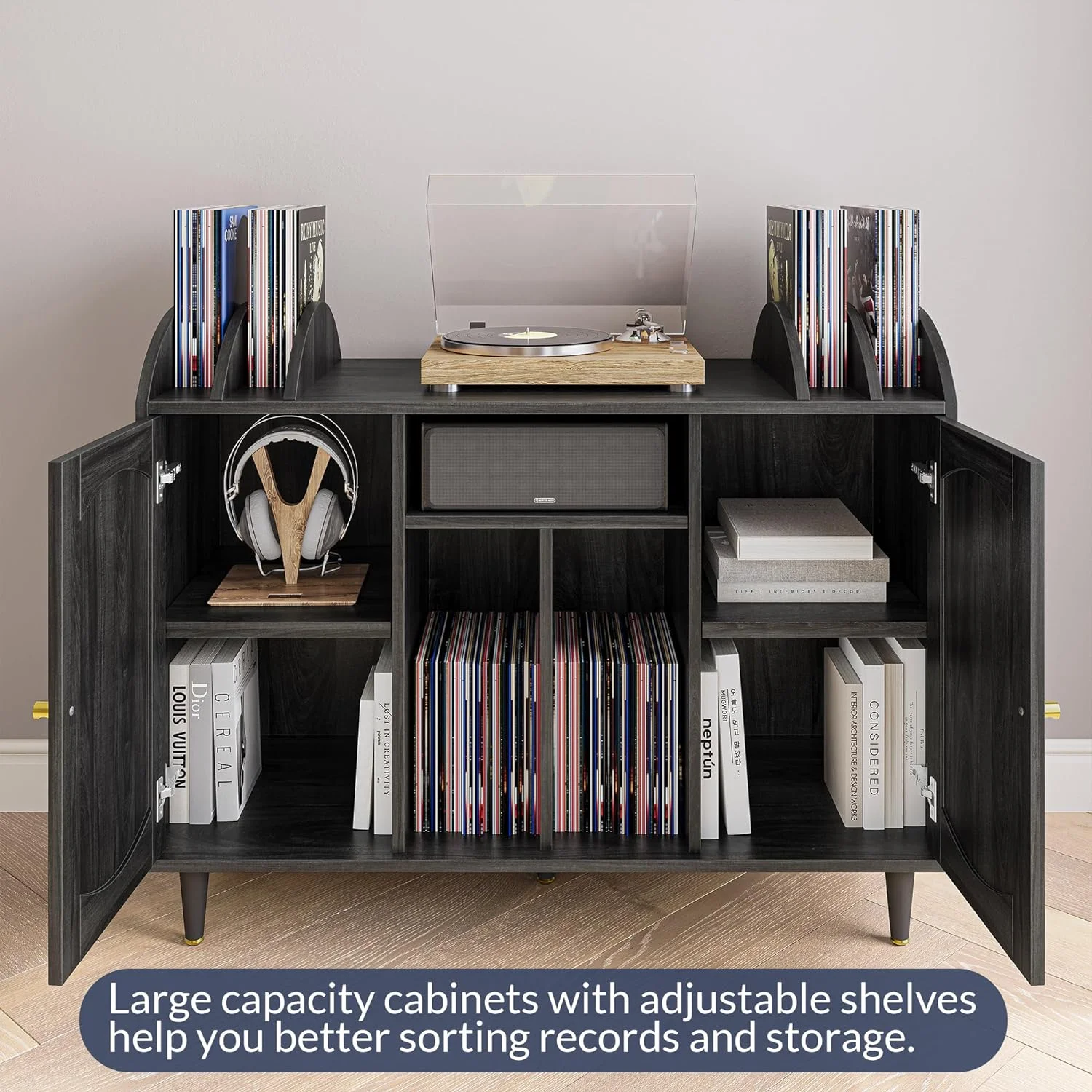 LNboomLife Mid-Century Record Player Stand  Vinyl Record  Cabinet Holds up to 350+ Albums  Rattern Decorated Turntable Stand with Power Outlet for