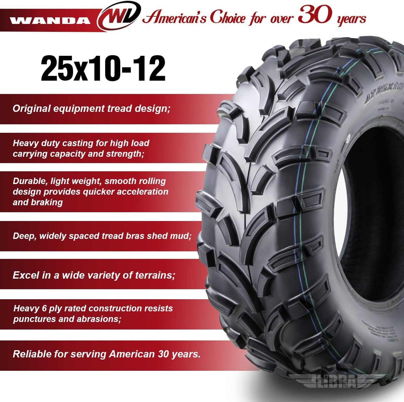 One New WANDA ATV/UTV Tire 25x10-12 25x10x12 /6PR High Load Capacity - 10204