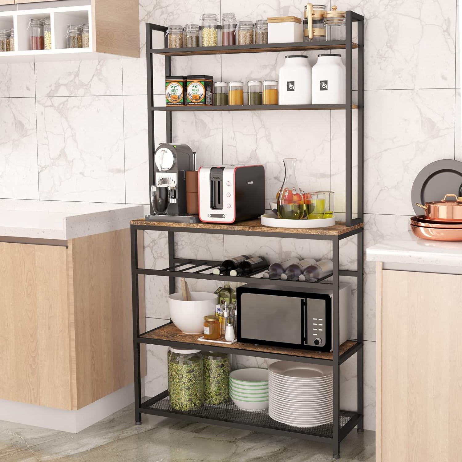 Industrial Kitchen Baker's Rack Coffee Station Microwave Oven Stand Kitchen Pantry Shelf Free Standing Opening Utility Storage Cabinet Sideboard for