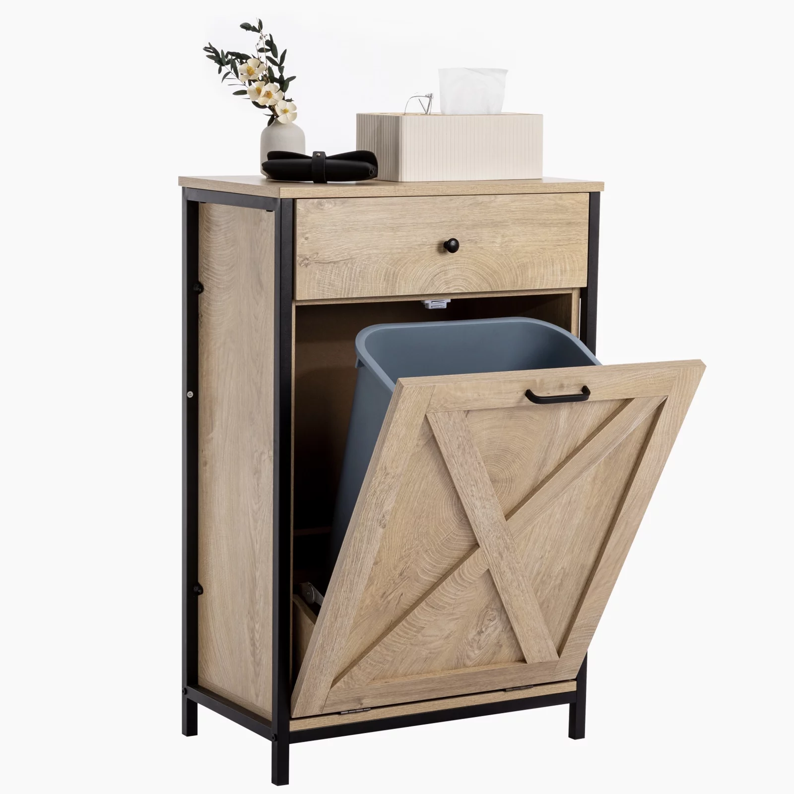 Eclife 10 Gallons Tilt Out Trash Cabinet Rustic Wood Barn Door Style Kitchen Island Storage with Solid Hideaway Drawer