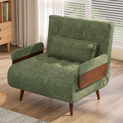 3-in-1 Convertible Chair Bed Sleeper for Adults, Linen Convertable Sleeper Chair with Wooden Arms & Pillows