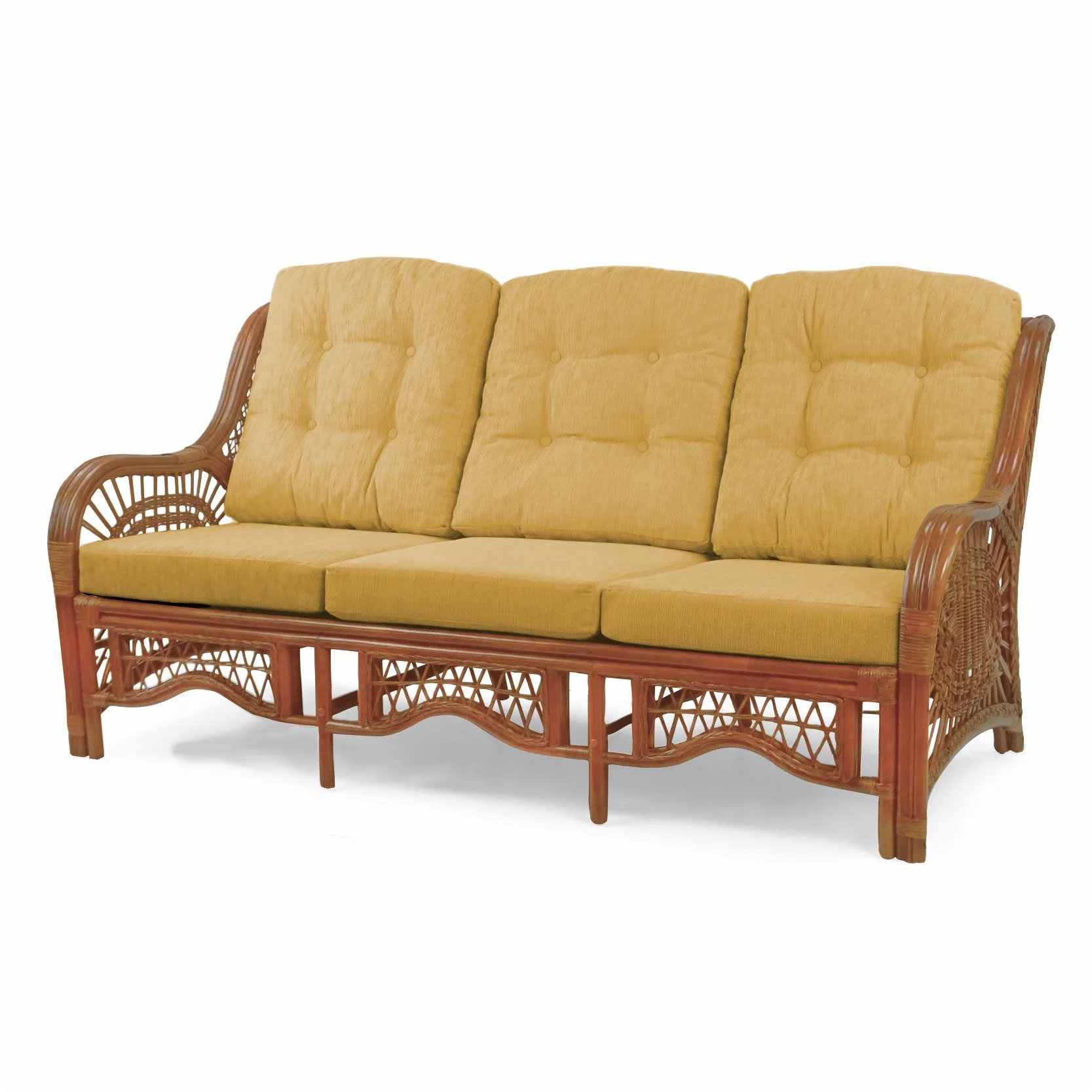 Malibu Lounge Three-Seater Sofa Natural Rattan Wicker Handmade Design with Light Brown Cushions, Colonial