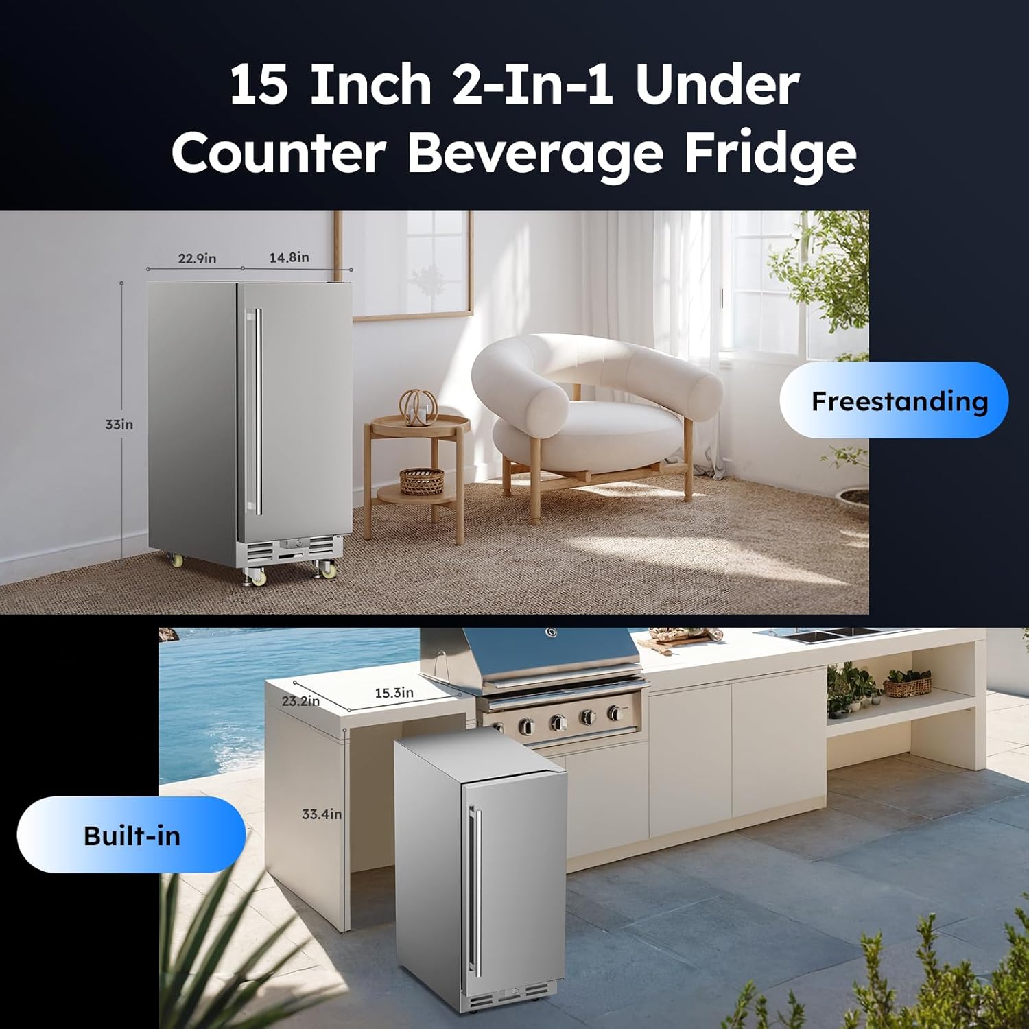Outdoor Beverage Refrigerator, 15 Inch Stainless Steel Under Counter Beer Beverage Fridge for 120 Cans w/ 34-65℉