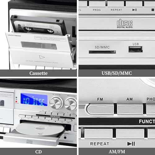 10 in 1 Record Player with External Speakers, 3 SpeedTurntable with AM/FM Radio, CD & Cassette Player, Bluetooth, USB/SD Playback, Remote Control