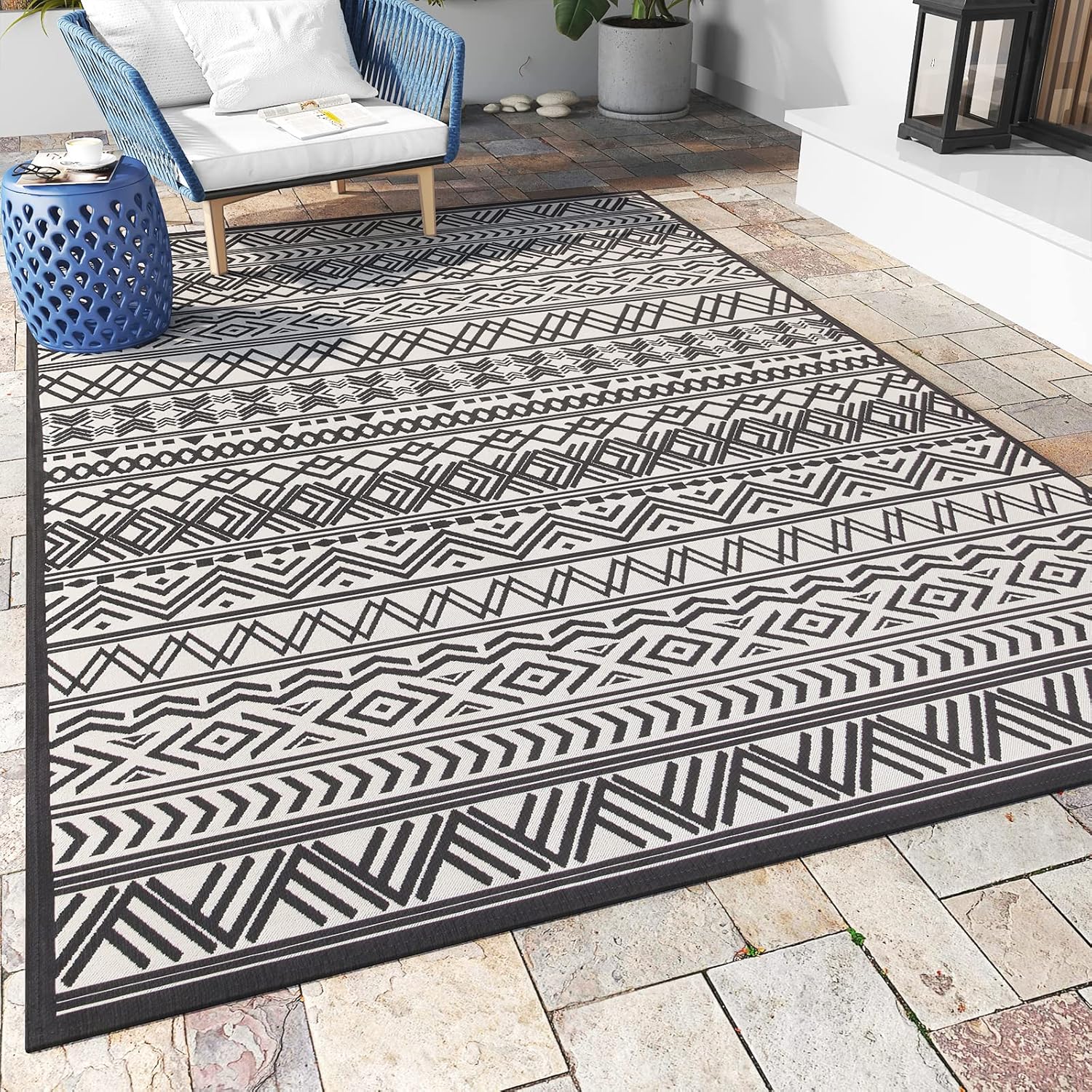 MontVoo-5 x 8 Outdoor Rug Carpet Non Slip Machine Washable Area Rugs Boho Outdoor Patio Decor Black and White Outdoor Rug Geometric Rubber Backed