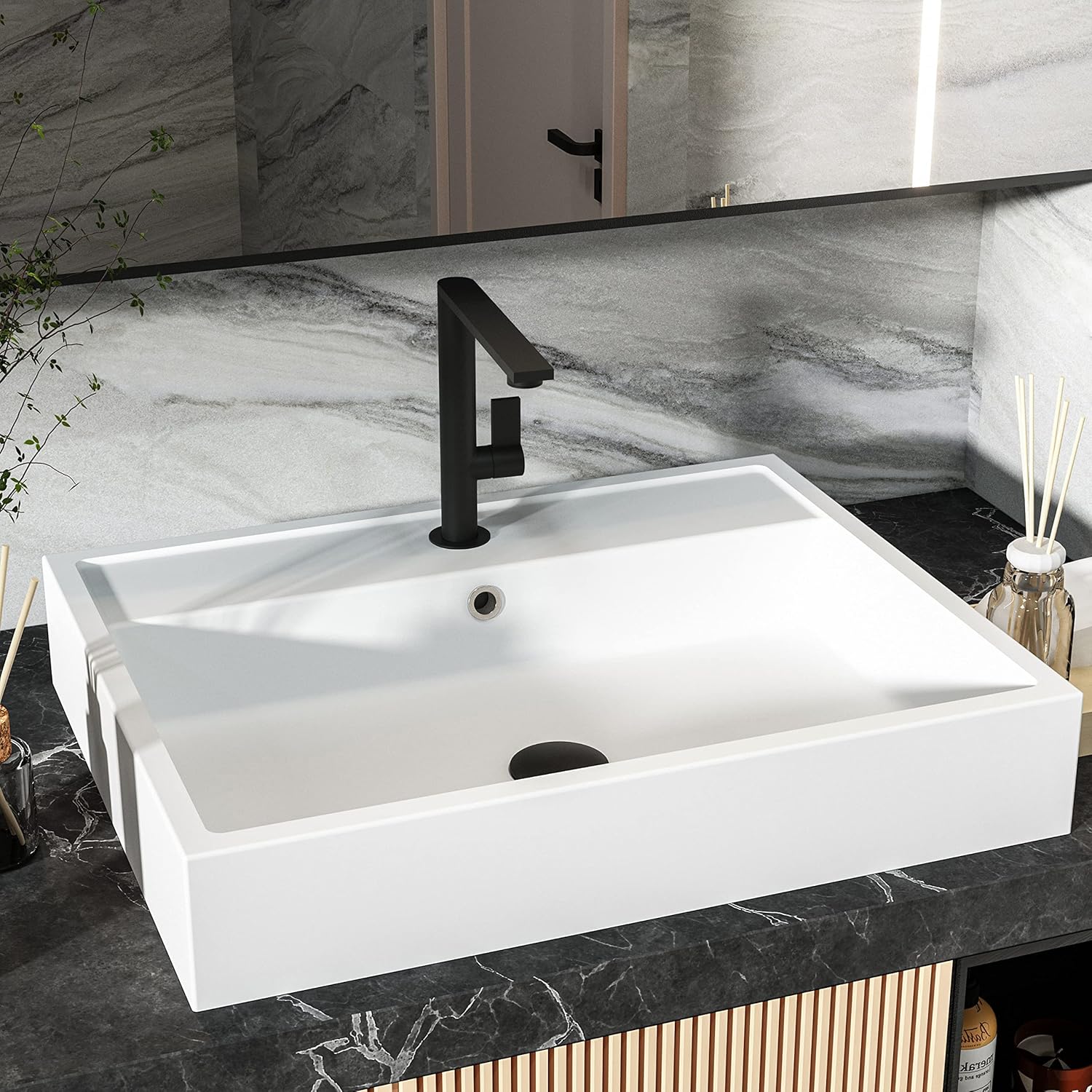 24"X19" Rectangle Vessel Sink with Faucet Hole,Matte White Bathroom Art Sink Above Counter with Overflow