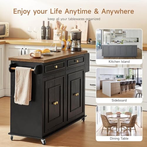 58" Mobile Kitchen Island, Kitchen Island Cart with Power Outlet, Island Table for Kitchen, Home Bar Carts with Storage