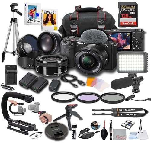 Sony ZV-E10 + 16-50mm Lens, LED Light, Microphone, 128GB Extrem Speed, U-Grip, Filters, Tripod, Case, Software, & More – Pro Video Bundle (38pc)