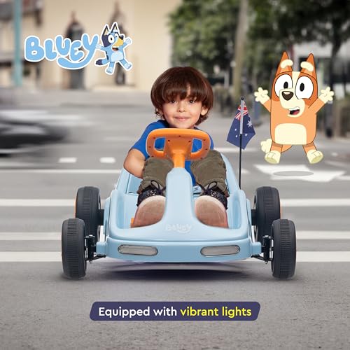 Bluey 12V Electric Go Kart for Kids, Electric Ride-On Toy with Lights, Seat Belt, Ages 3-6, Durable PVC and Iron Construction, Rechargeable Battery