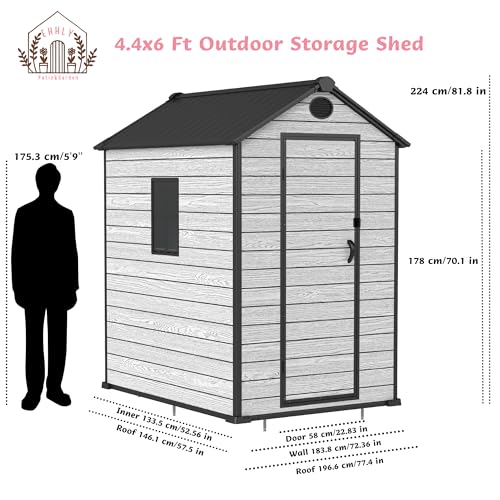 4.4x6 FT Resin Outdoor Storage Shed, 230 Cuft Garden Tool Sheds & Outdoor Storage Plastic Shed with Floor