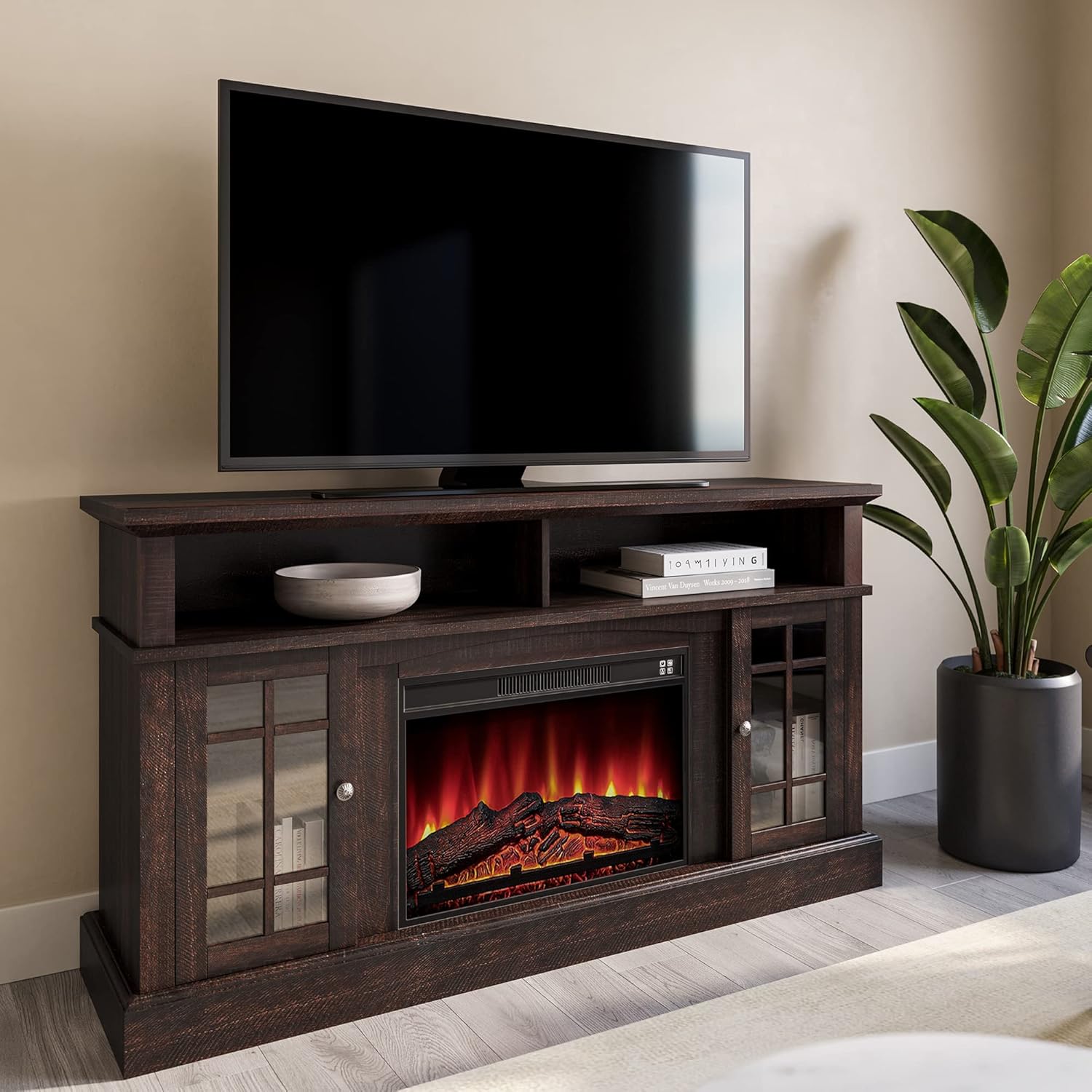 BELLEZE Traditional 58 Inch Rustic Electric Fireplace TV Stand & Media Entertainment Center Console Table for TVs up to 65 Inches with Open Storage
