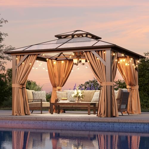 Aoxun 12'x16' Hardtop Gazebo, Aluminum Frame Permanent Pavilion with Netting and Curtains, Outdoor Polycarbonate Double Roof Canopy