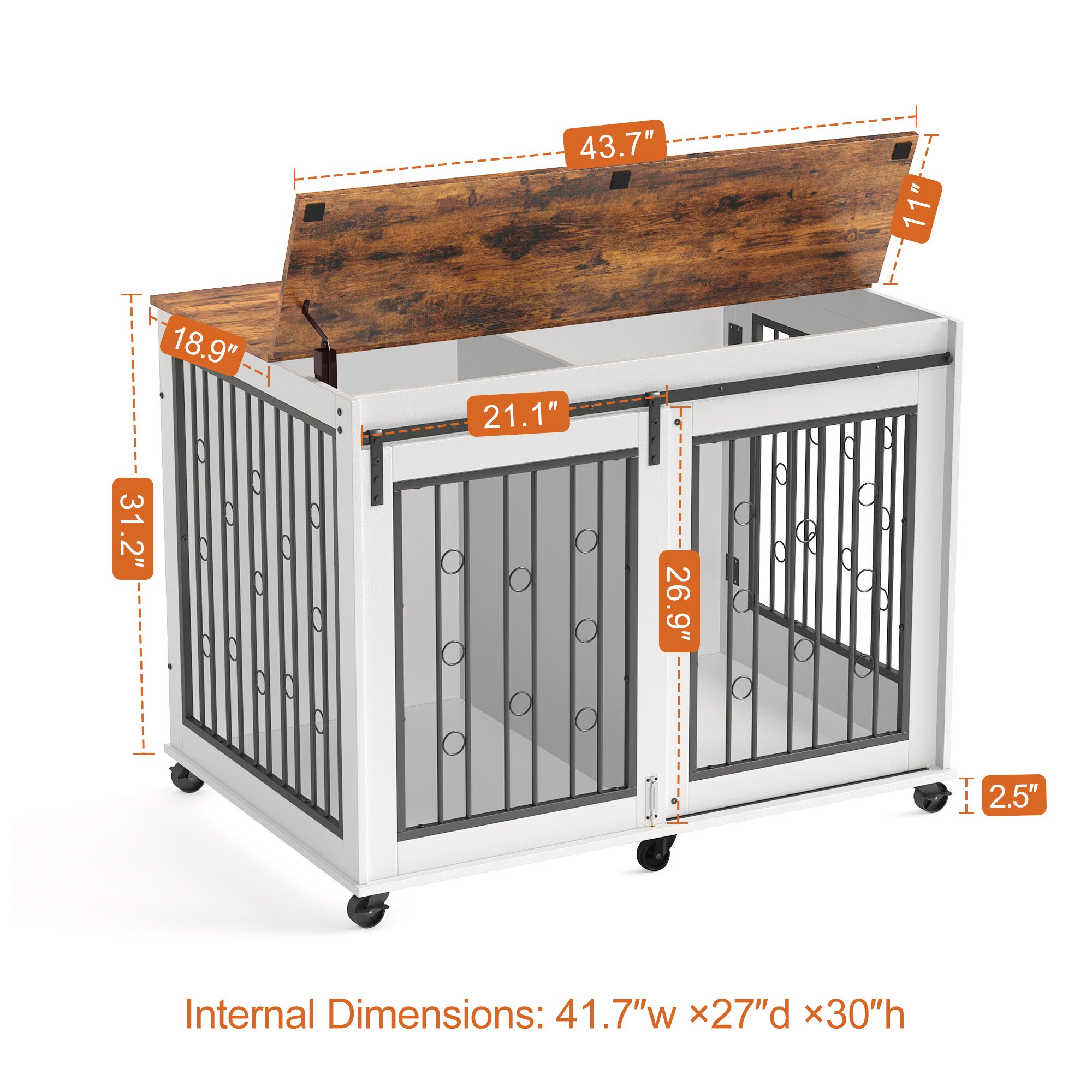 Ostreici 44" Anti-Bite Furniture Style Dog Crate Sliding Barn Door, Dog Kennel End Table w/ Wheels