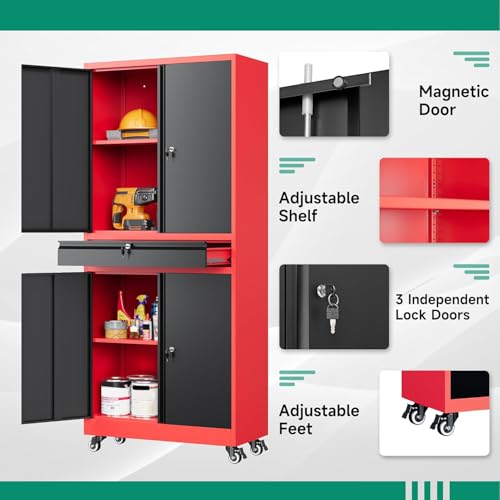 Letaya Metal Garage Storage Cabinet with Drawer,4 Door Tool Cabinet with Lock-2 Adjustable Shelves for Garage Home Office Utility Room (Black)