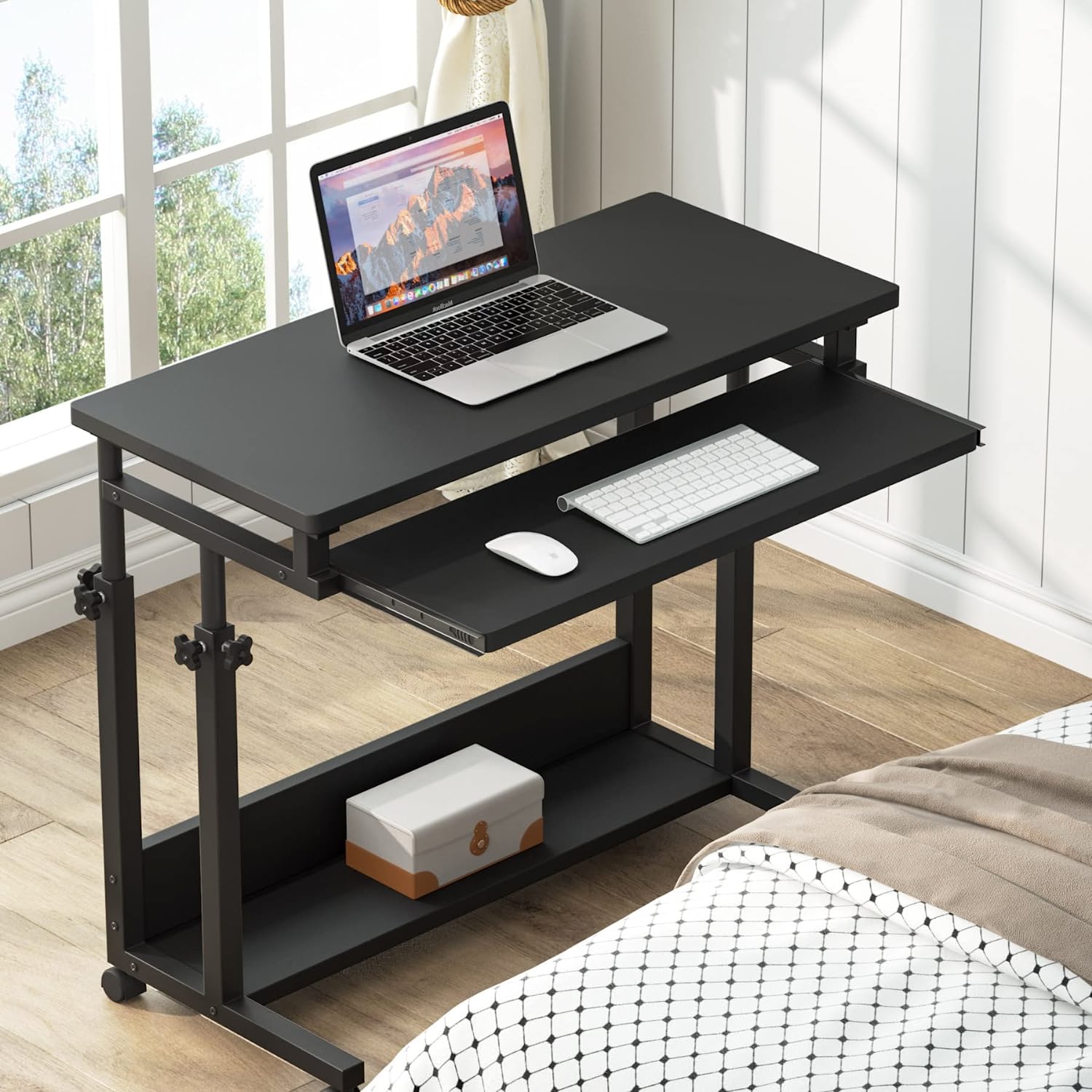 Tribesigns Height Adjustable Computer Desk Sofa Bed Table, Small Rolling Laptop Cart with Keyboard Tray, Black