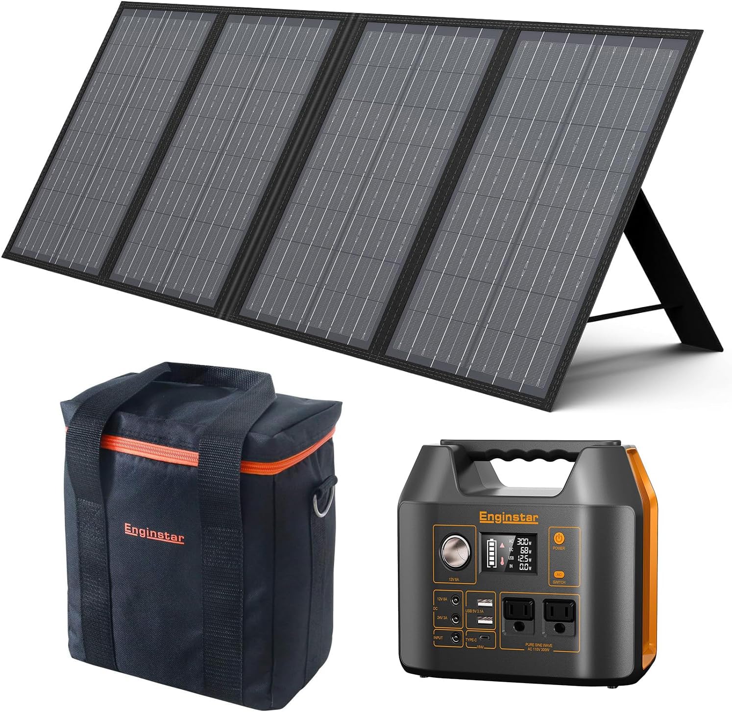 EnginStar 300W Solar Generator with 60W Solar Panel and 300W Carrying Bag 80000mAh Portable Power Station with AC Outlet for Outdoors Camping