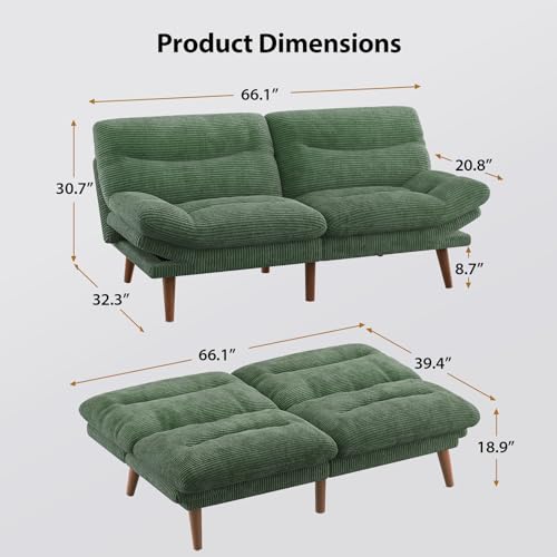 Pipishell Convertible Futon Sofa Bed,66" Corduroy Futon Couch with Adjustable Backrest and Armrests, Recliner Sleeper Sofa for Small Spaces