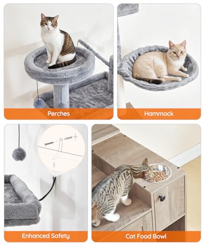 HOOBRO Cat Tree with Litter Box Enclosure, 68.9" H Cat Tower with Food Bowl and Storage, Hidden Litter Enclosure Furniture