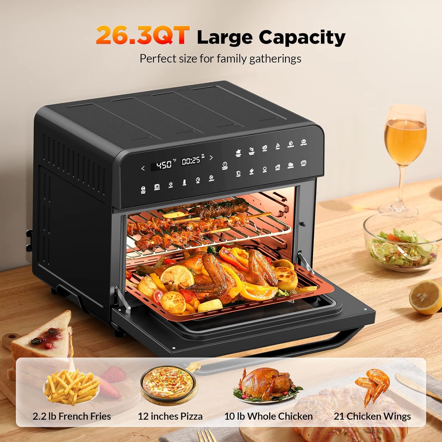 26.3QT/25L Extra-Large Convection Toaster Oven, Countertop Convection Oven, Bake & Broil, 12-in-1 Air Fryer Toaster Oven Combo