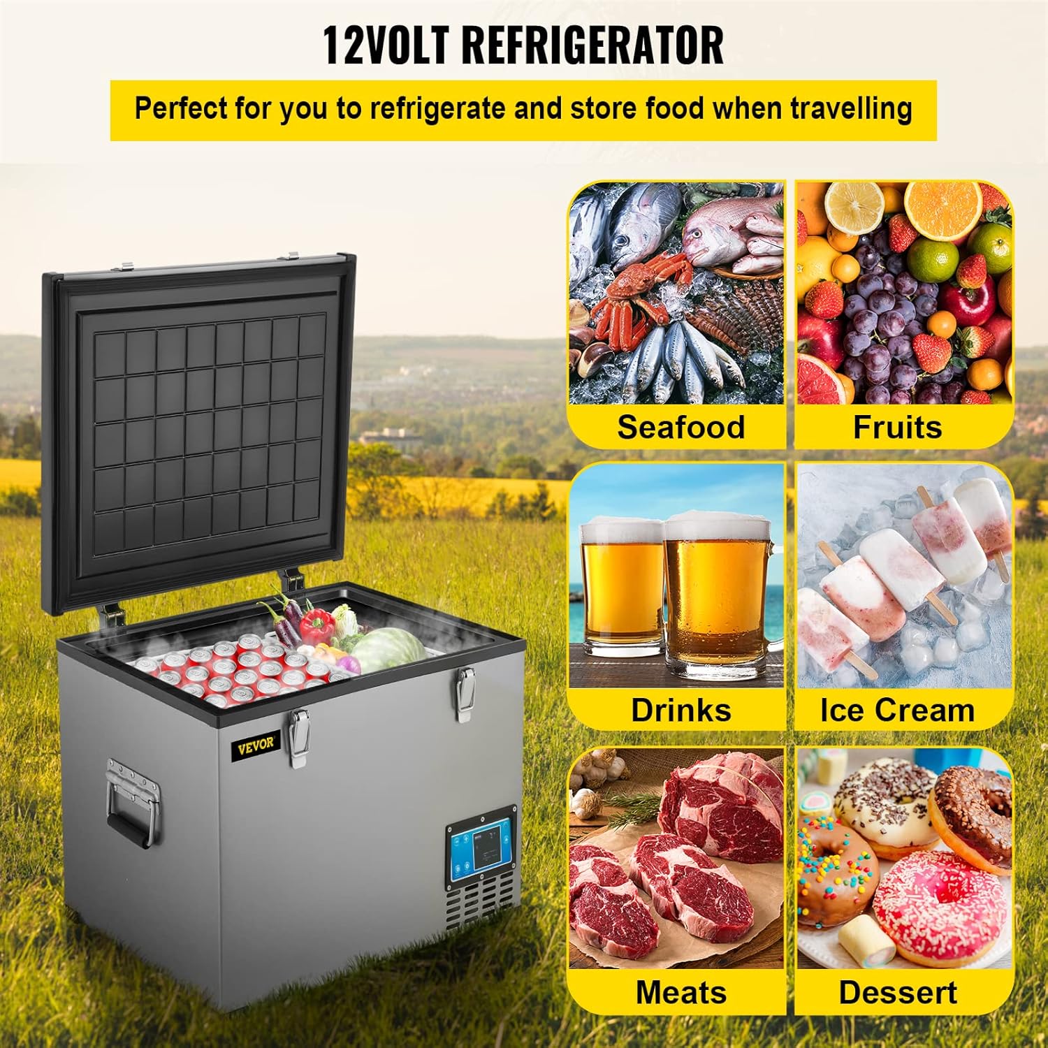 VEVOR Portable Refrigerator 48 Quart,12 Volt Refrigerator with Compressor,Metal Shell Chest Refrigerator,-4℉ to 68℉,DC 12/24V